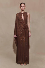 Bakari Diamante Cape Maxi Dress - Chocolate