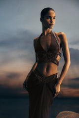 Siren Satin And Diamante Halter Top - Dark Chocolate