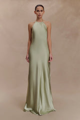 Bella Satin Halter Maxi Dress - Sage