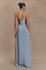 Larissa Satin Maxi Dress With Ruched Petals - Frosted Blue