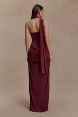 Mattea Slinky And Mesh Maxi Dress With Scarf - Burgundy