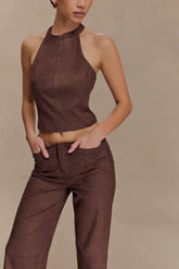 Logan Faux Suede Halter Top - Dark Chocolate