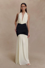 Hailee Slinky And Mesh Halter Maxi Dress - Black/White