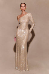 Marcia Diamante Long Sleeve Maxi Dress - Nude