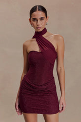 Mattea Diamante Mini Dress With Scarf - Plum