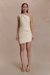 Helena One Shoulder Linen Mini Dress - Natural Beige