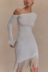 Kayden Fringe Off Shoulder Knit Mini Dress - Ivory