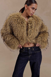 Ottie Mongolian Faux Fur Cropped Jacket - Brown Multi