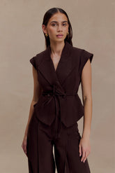 Charley Structured Tie Denim Top - Chocolate