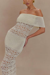 Solstice Off Shoulder Crochet Knit Maxi Dress - Ivory
