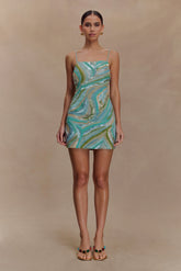 Eloise Hand Beaded Mini Dress - Blue Swirl Print