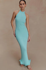 Melodie Halter Knit Maxi Dress - Cyan Blue