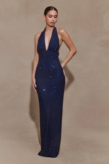 Harriet Halter Neck Diamante Maxi Dress - Navy
