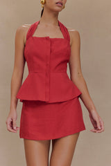 Kallie Linen Peplum Halter Top - Burnt Rose