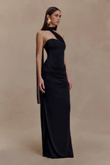 Mattea Slinky And Mesh Maxi Dress With Scarf - Black