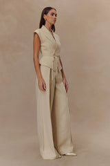 Raya Mid Rise Wide Leg Linen Pant - Natural Beige