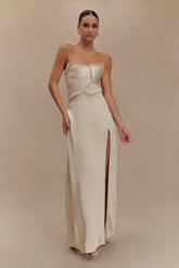 Larissa Satin Maxi Dress With Ruched Petals - Blush Gold