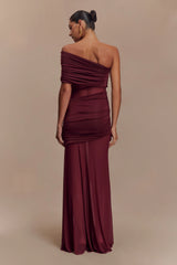 Dallas One Shoulder Mesh Maxi Dress - Burgundy
