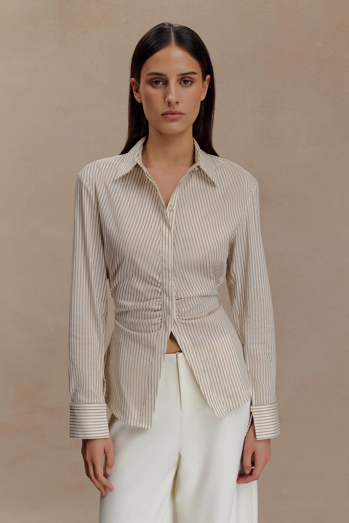 Millie Tie Back Cotton Shirt - Beige Pinstripe