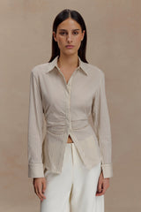 Millie Tie Back Cotton Shirt - Beige Pinstripe