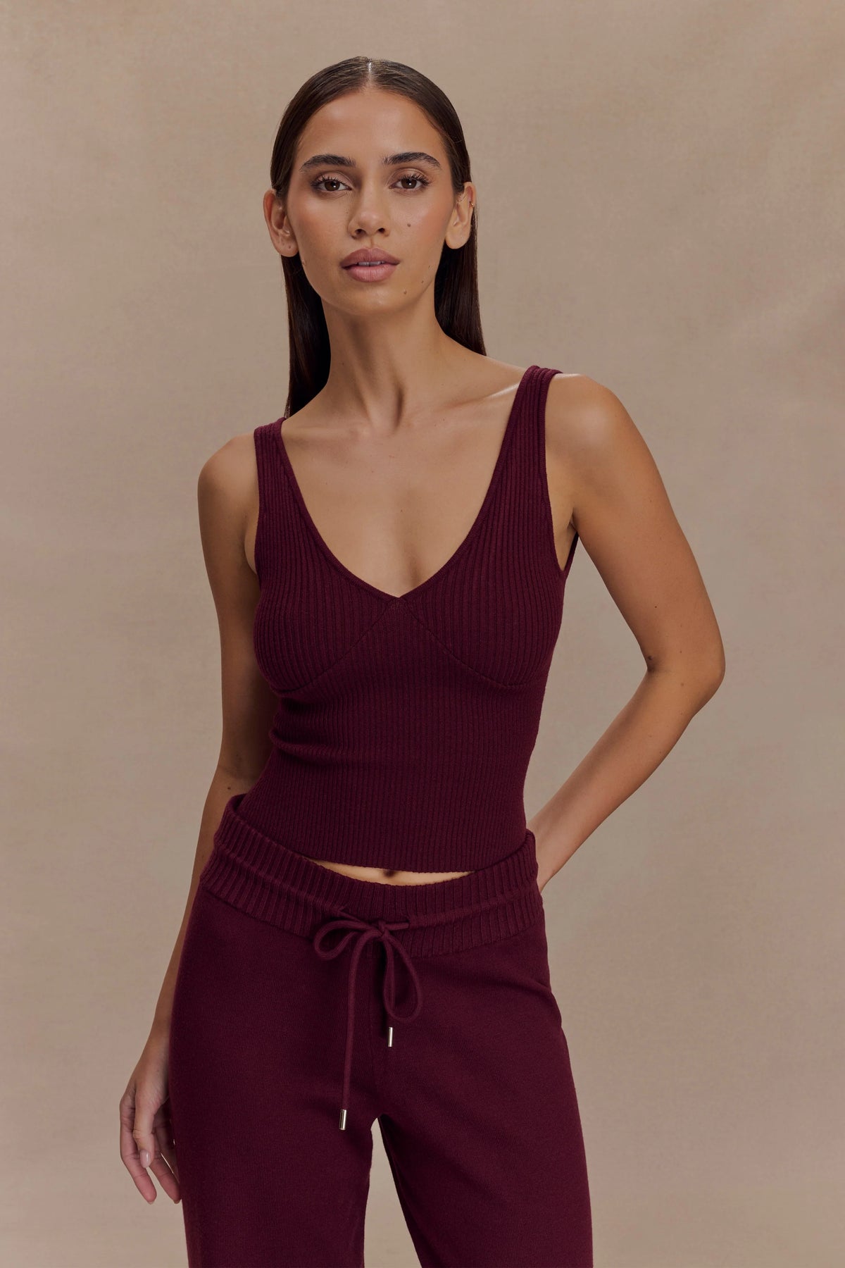 Natalya Ribbed Knit Cami Top - Merlot