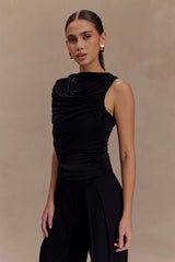 Pruedance Slinky Draped Top With Mesh Overlay - Black