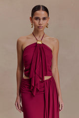 Celina Chiffon Halter Top With Hardware - Cherry Red