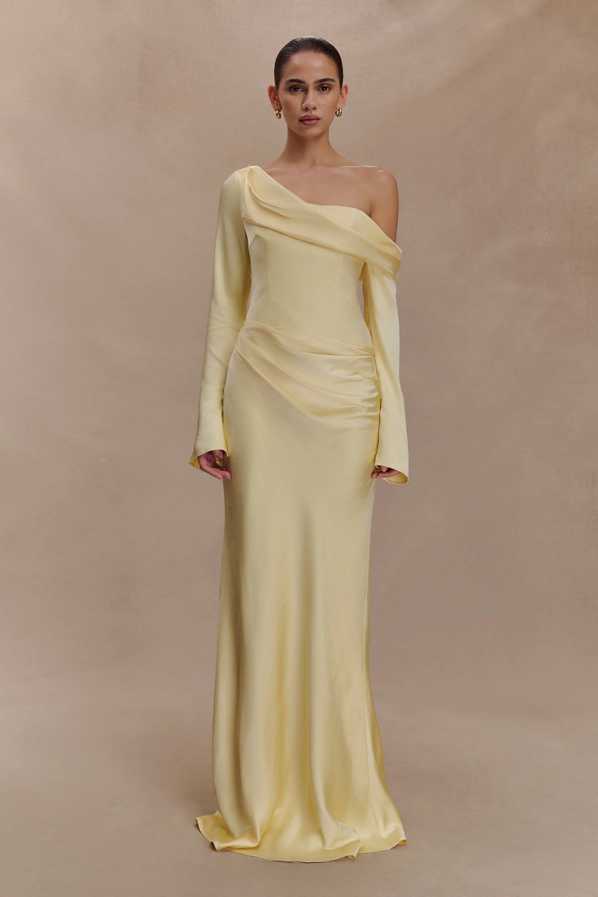 Iris Long Sleeve Satin Maxi Dress - Lemon