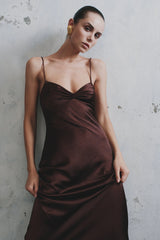 Lilly Sweetheart Satin Maxi Dress - Dark Chocolate