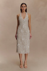 Lenore Silk Lace Halter Midi Dress - Ivory