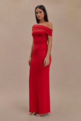 Cassandra Off Shoulder Slinky Maxi Dress - Red