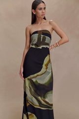 Amaya Strapless Chiffon Maxi Dress - Green Fluid Reverie Print