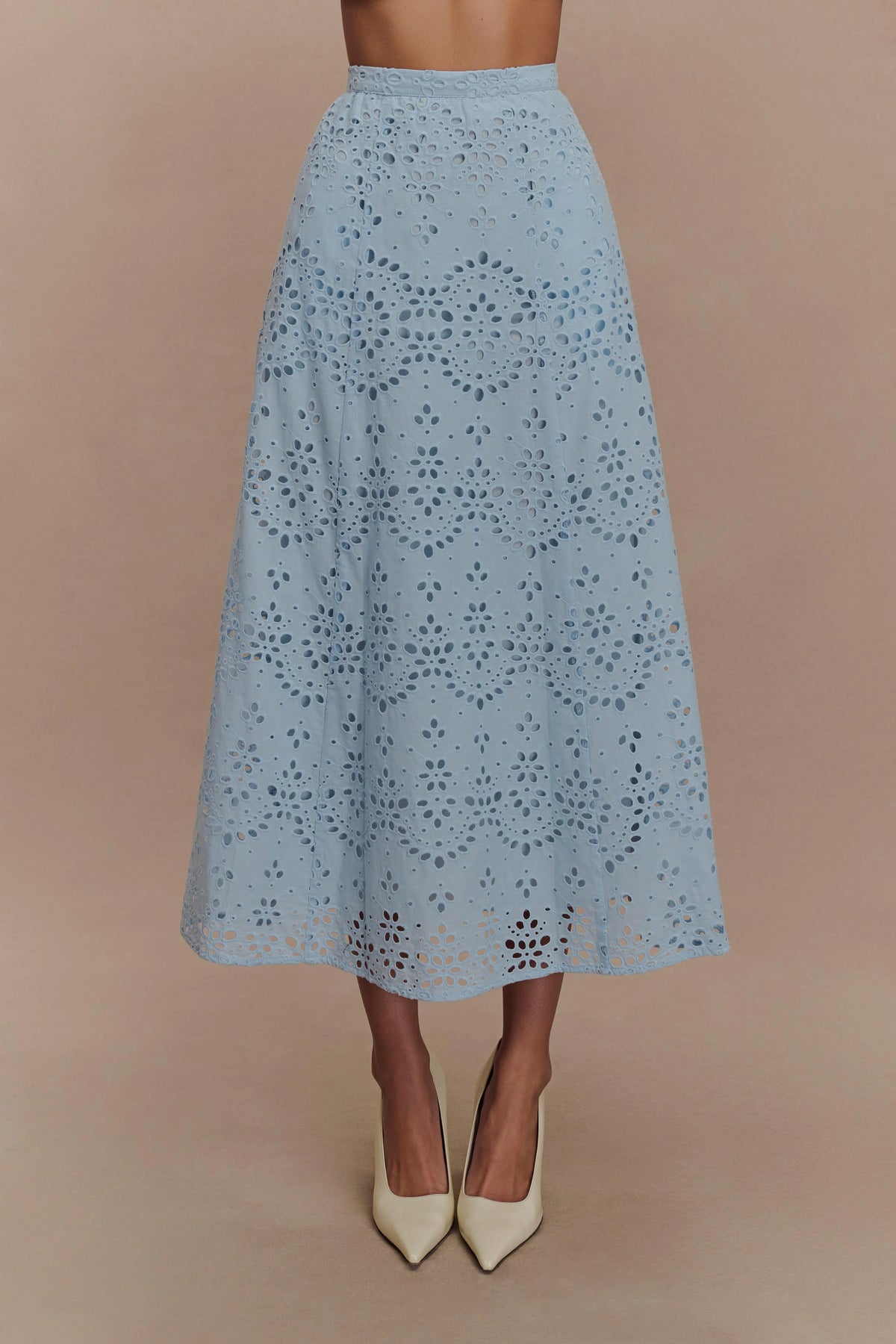 Arla Broderie Midi Skirt - Pale Cornflower Blue