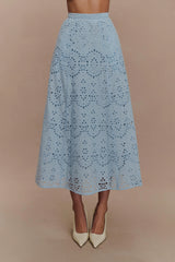Arla Broderie Midi Skirt - Pale Cornflower Blue