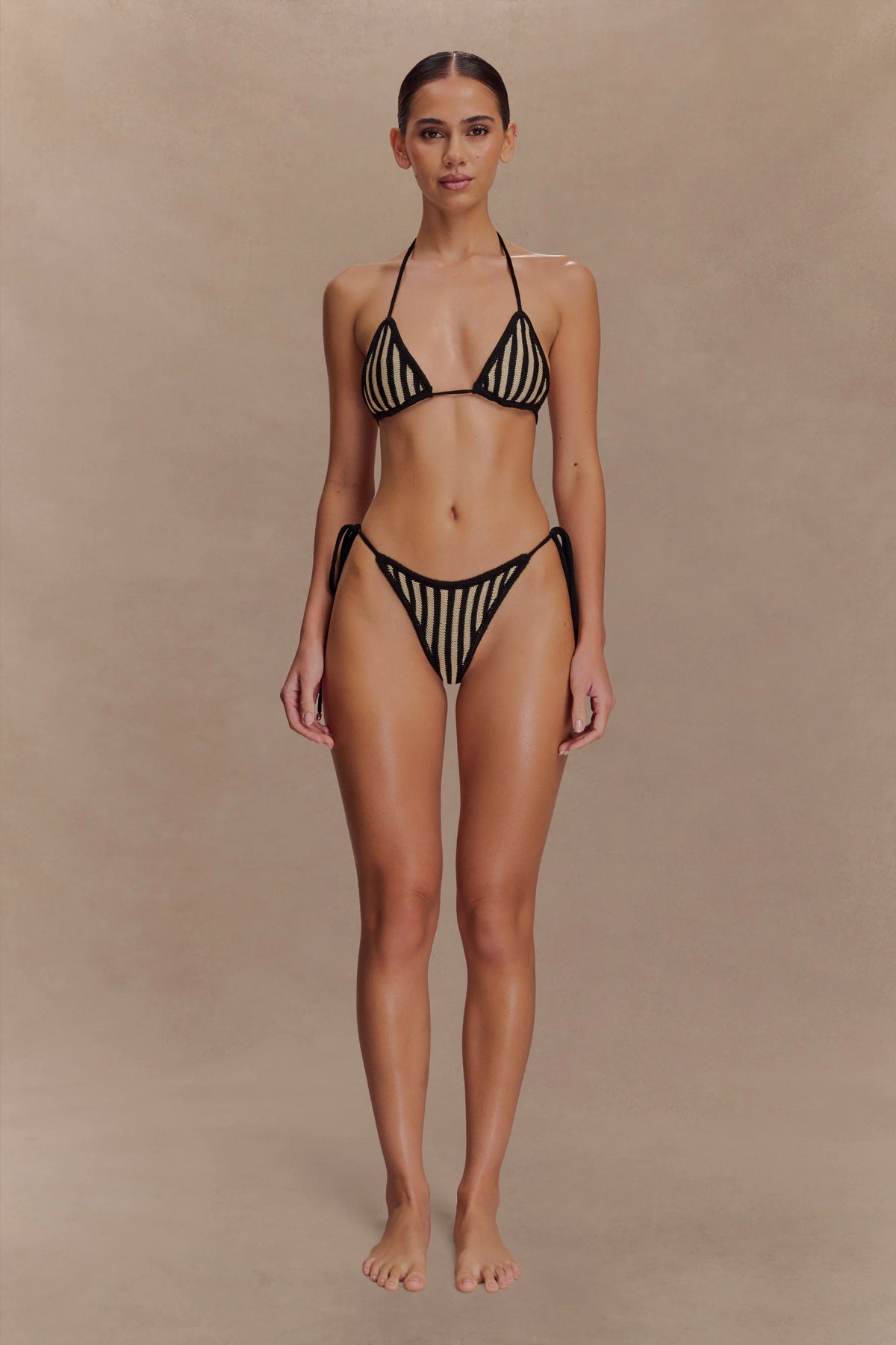 Corrie Crochet Tie Up Bikini Bottom - Black And Neutral Stripe