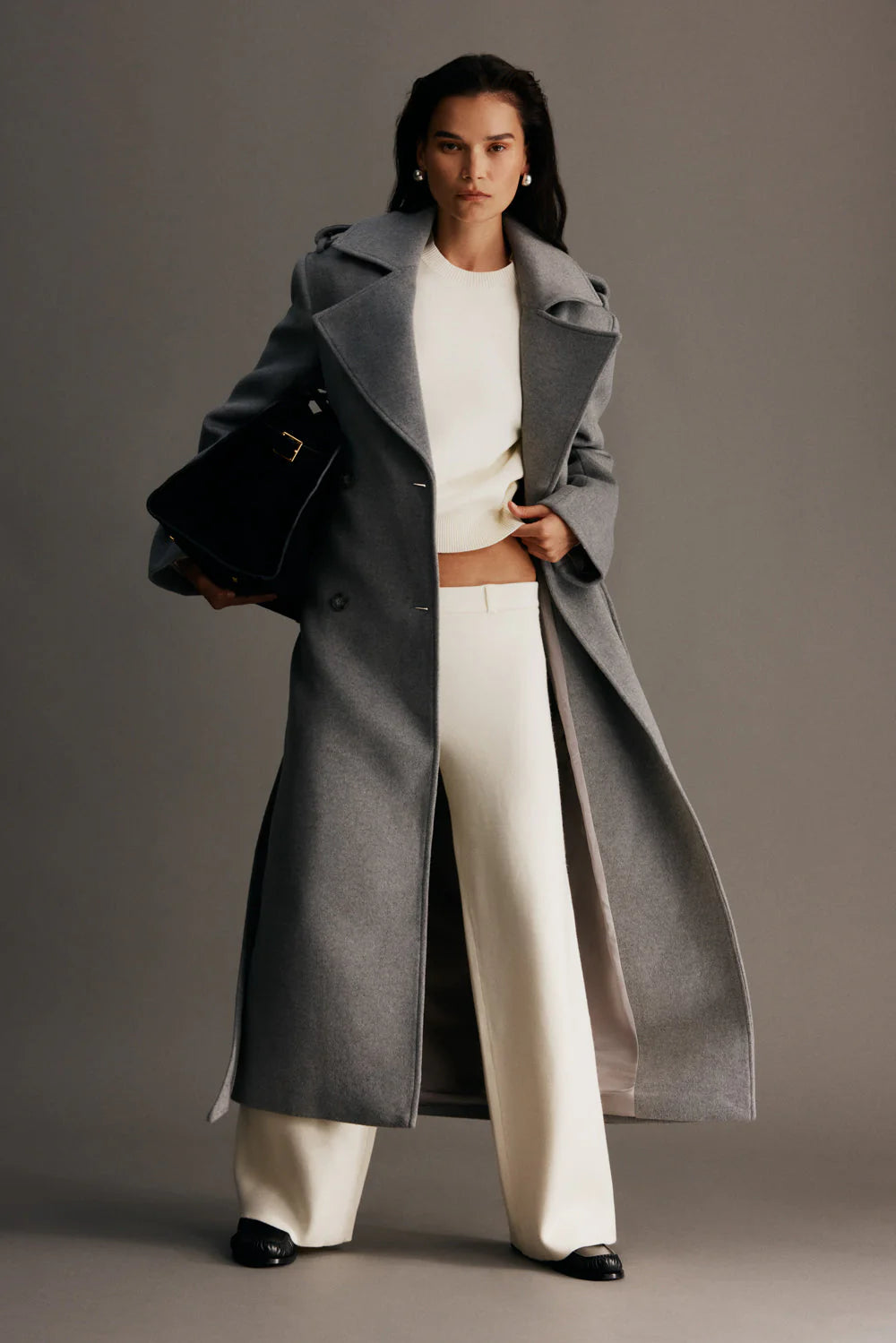 Levi Long Trench Wool Coat - Grey Marle