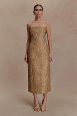 Gala Strapless Tweed Midi Dress - Gold