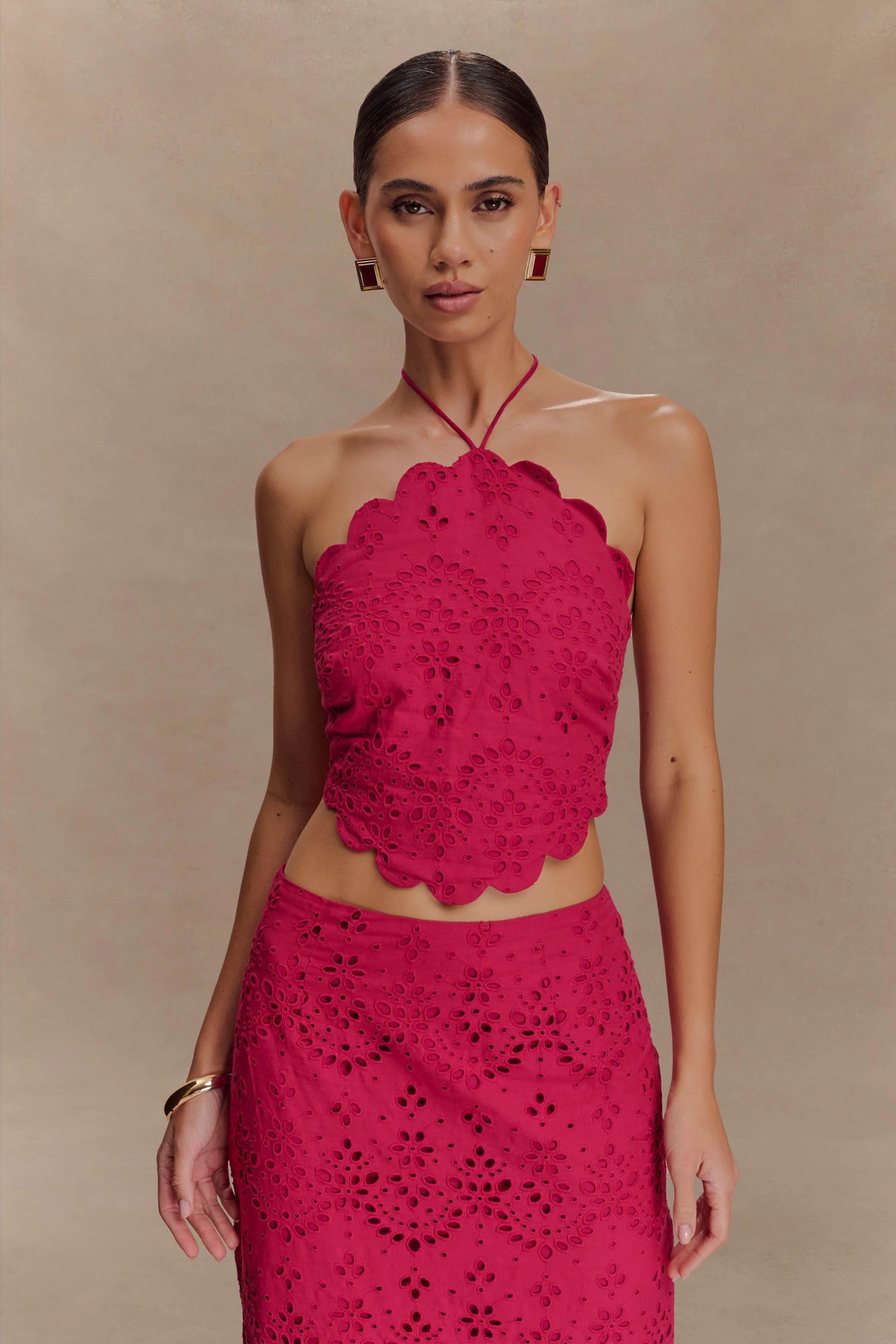 Kensley Broderie Halter Top - Dragonfruit