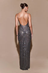 Roisin Diamante Satin Maxi Dress - Gunmetal