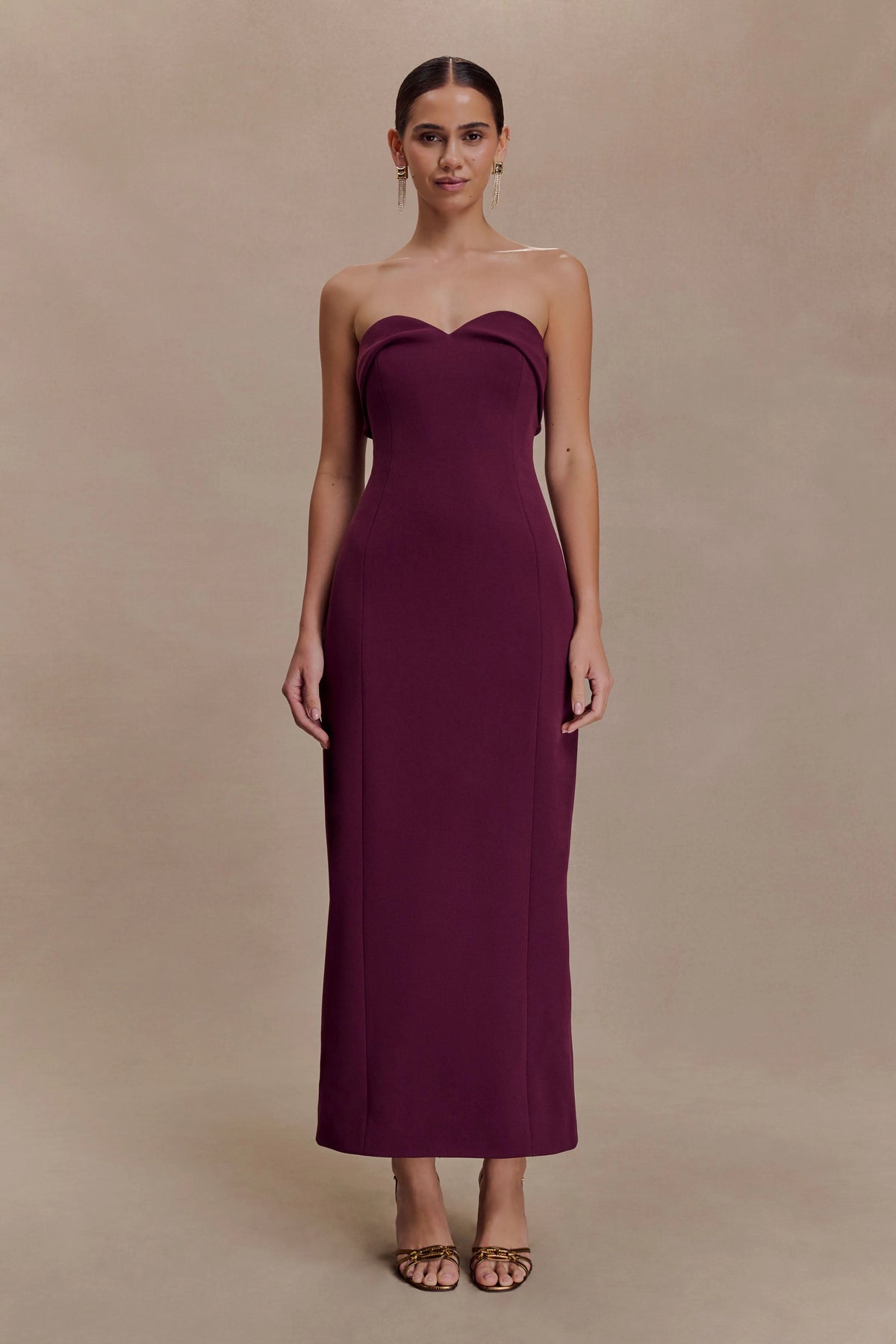 Cary Folded Strapless Crepe Midi Dress - Wine