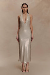 Carnation Sequin Halter Midi Dress - Gold