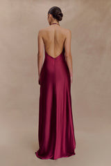 Bella Satin Halter Maxi Dress - Mahogany