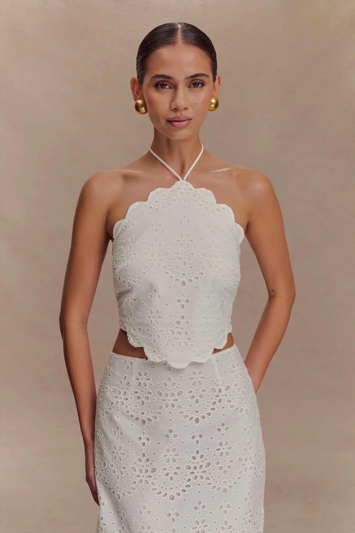 Kensley Broderie Halter Top - White