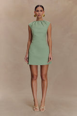 Ariana Pleated Neck Mini Dress - Sage