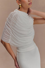 Pruedance Slinky Draped Top With Mesh Overlay - White