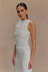Pruedance Slinky Draped Top With Mesh Overlay - White