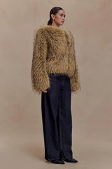 Ottie Mongolian Faux Fur Cropped Jacket - Brown Multi