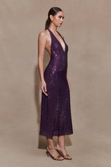 Genie Diamante Halter Midi Dress - Purple