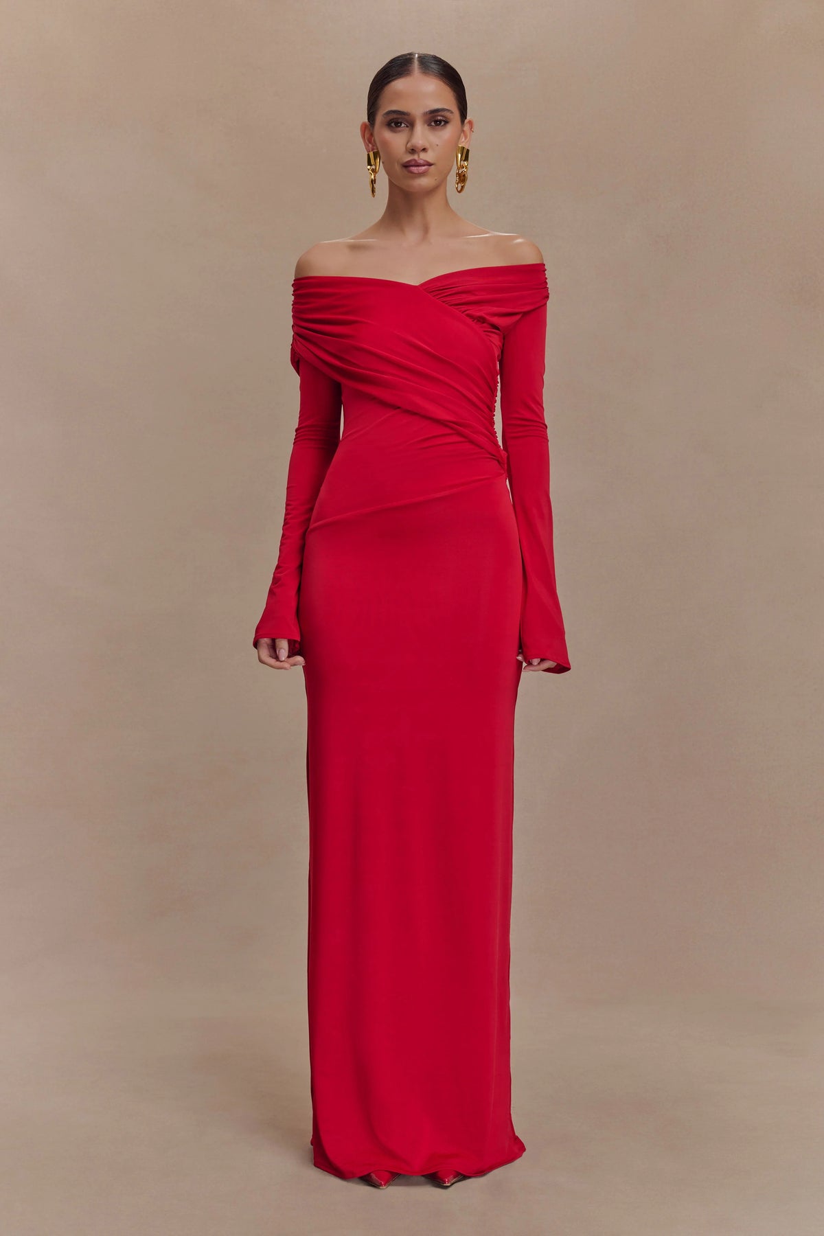 Therese Off Shoulder Ruched Maxi Dress - Red