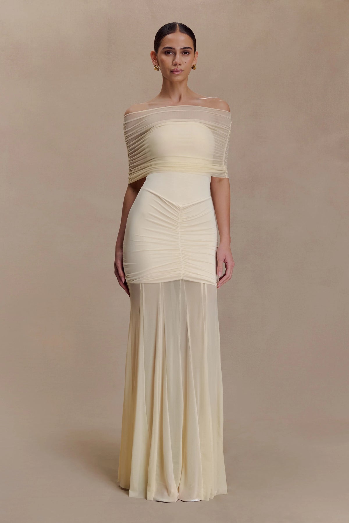 Caspian Slinky And Mesh Off Shoulder Maxi Dress - Ivory